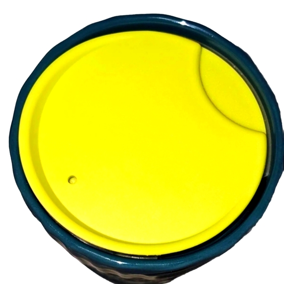 NWT, Starbucks Geometric Blue Ceramic  Tumbler (12 oz) w/yellow lid. Soft/touch - Picture 3 of 6